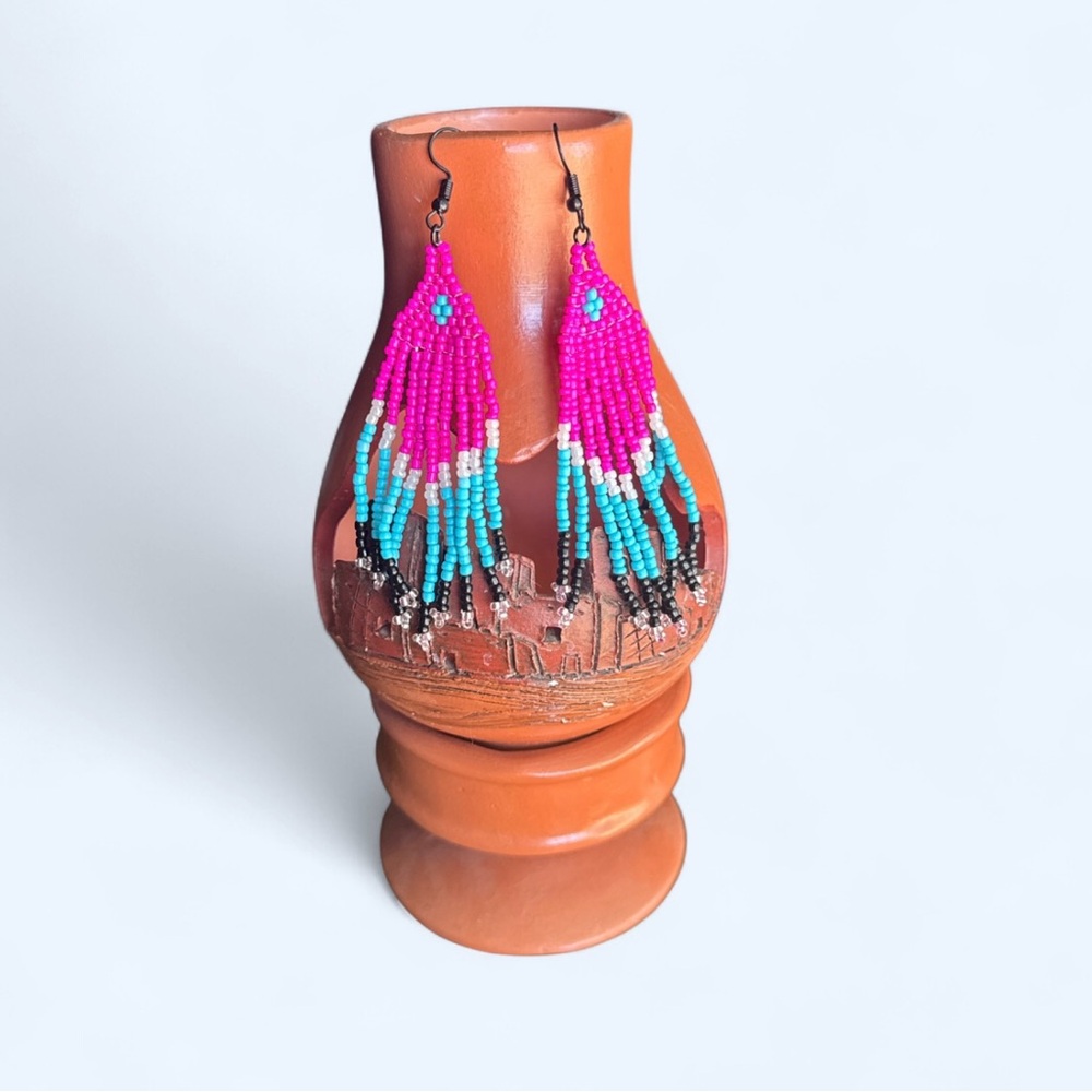 Hand Beaded Pink and Turquoise Earrings